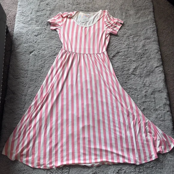 ⭐️⭐️⭐️NWT LuLaRoe Pink and White Striped Riley Dress size Large - Picture 1 of 6
